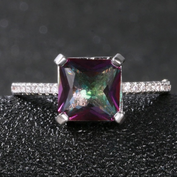 Silver Princess Cut Mystic Topaz Diamond Ring - Picture 3 of 5